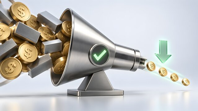 3D conceptual illustration of a metal funnel converting a large amount of gold coins and silver bars into a smaller output representing budget cuts, expense filtering, and cost reduction
