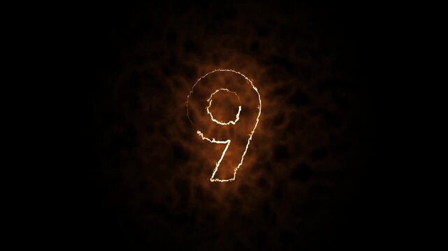 A blazing number 9 made of realistic red and orange flames, isolated on a black background. Perfect for countdowns, celebrations, sports graphics, gaming, promotional videos, and motion design.