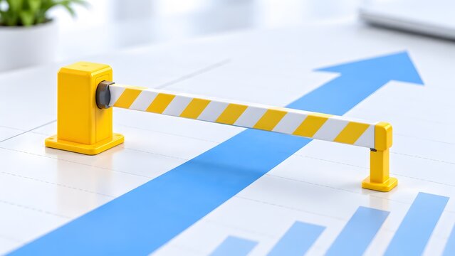 Yellow boom gate barrier blocking upward blue arrow on financial chart concept of business restriction and growth obstacle