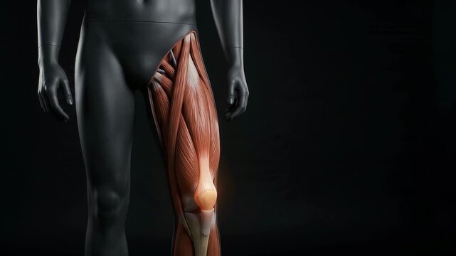 Anatomical 3D illustration of human leg musculature showing thigh muscles and knee joint on a black background