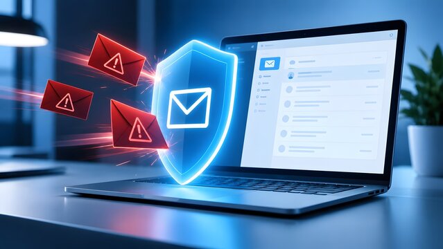 Cybersecurity concept with glowing blue shield protecting laptop email inbox from malicious red alert spam messages and phishing attacks