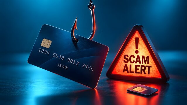 3D conceptual image of a credit card caught on a fishing hook next to a glowing red scam alert sign and a sim card warning of financial fraud and phishing attacks