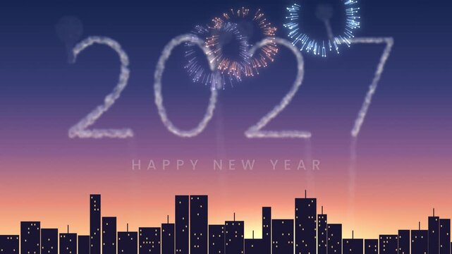 Smoke trails form 2027 above a city skyline at twilight for New Year event videos, festive greeting messages and party backdrops