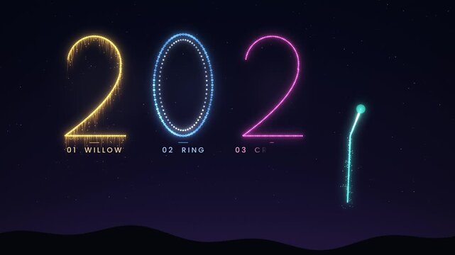 Colorful firework trails draw glowing 2027 above dark hills for New Year greeting videos, party screens and celebration intros
