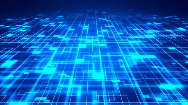 Glowing blue digital grid with pulsing circuit-like lines flows forward in perspective. Animated texture shows grid lines and rectangular blocks with pulsing motion.