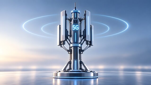 Advanced 5G telecommunications tower emitting glowing blue signal waves representing high speed mobile internet and futuristic cellular network technology