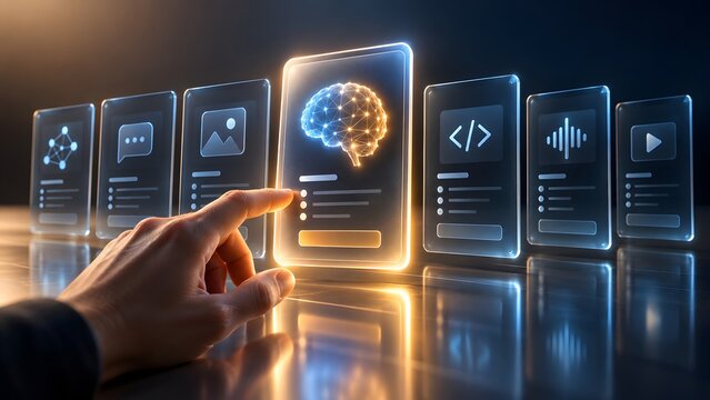 Hand pointing at glowing digital interface with AI brain and multimedia icons representing artificial intelligence software selection and smart technology