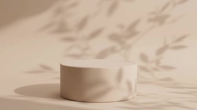 Minimalist white podium with leaf shadows on beige background for mockup