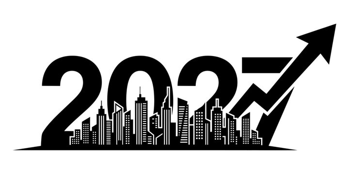 2027 year concept with city skyline silhouette and upward growing arrow graph, business growth and development vector illustration