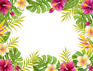 Tropical flowers and palm leaves frame. Floral tropics ornament. Hand drawn watercolor painting with pink Hibiscus  flowers, strelitzia and  frangipani. © Marisha