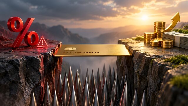 Golden credit card bridge crossing dangerous spike chasm from high interest rate warning to financial wealth and investment growth