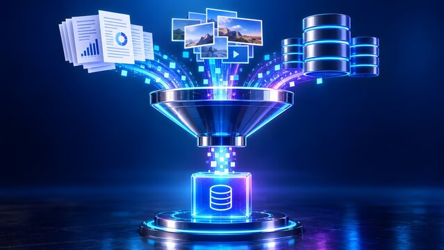 Information collection and analytics concept featuring glowing funnel gathering documents photos and databases into a central server storage cube