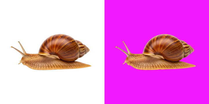 A detailed side view of a brown garden snail crawling slowly on a bright surface transparent background, png