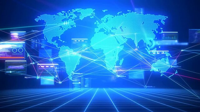 Glowing digital world map with animated network connections and pulsing nodes on a dark grid background. Connecting lines animate creates glowing light and visible depth.