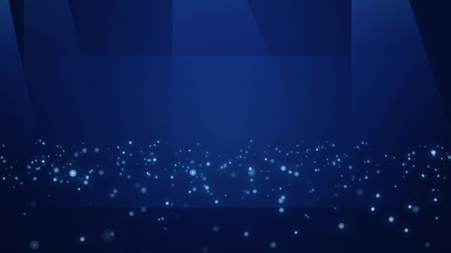 Blue Particle Wave, Sparkling Light Dots Across Dark Navy Surface, Layered Geometric Glow, Elegant Digital Atmosphere, Futuristic Motion Graphics Background
