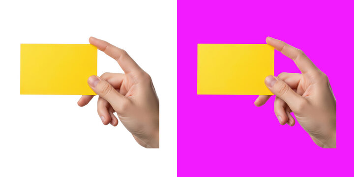 A hand holding a blank yellow card for message or design display transparent background, png