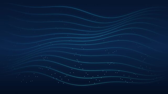 Flowing Blue Wave Lines, Elegant Curved Light Trails, Dark Navy Digital Surface, Subtle Particle Accents, Futuristic Data Flow, Smooth Motion Graphics Background