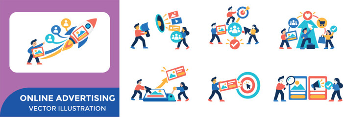 Fototapeta premium Digital marketing and online advertising vector illustration featuring rocket launch, megaphone, and business growth concepts for startup promotion