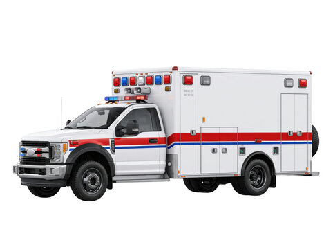Red and white emergency ambulance vehicle driving on road isolated on transparent background