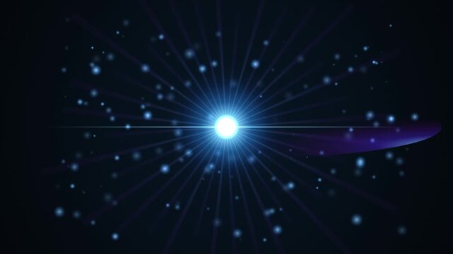 Brilliant Blue Energy Burst, Radiating Light Rays with Floating Particles, Glowing Central Core, Futuristic Space Trail, Deep Blue Technology Background, Dynamic Motion Graphics