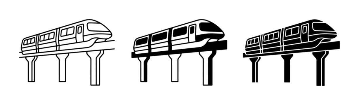 Monorail Train Vector Icons, Elevated Transit System Graphics, Urban Transportation Set
