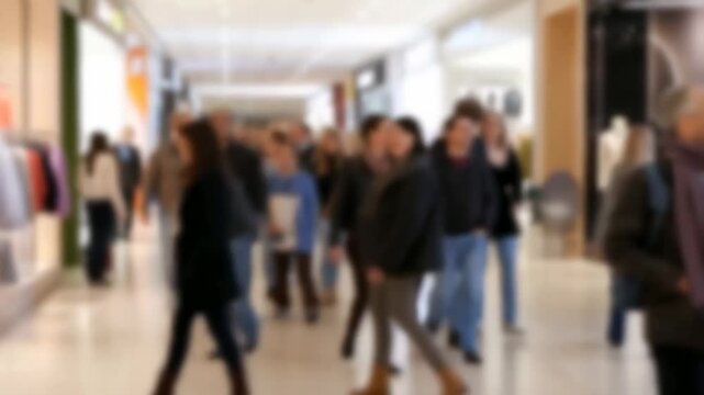 Crowded shopping mall corridor with blurred adults walking past retail storefronts. Retail advertising, shopping center promotion, and consumer behavior presentations.