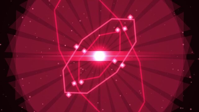 Futuristic Pink Neon Network Sphere, Glowing Polygon Connections Around Bright Central Light, Radial Digital Energy Pattern, Cyber Technology Interface, Dynamic Motion Graphics Background