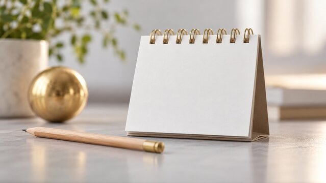 Blank desk calendar with plain white pages on a small standing frame on a bright tabletop with gold ornaments, for a holiday card