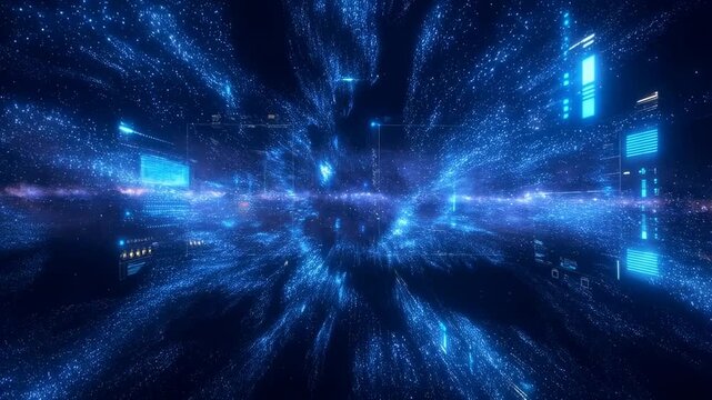 Digital data network with luminous streams and particles flowing through a futuristic interface. Technology presentations, cybersecurity advertising, and cloud computing campaigns.