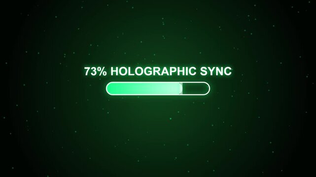 Holographic Sync Progress Bar, Green Neon Loading Indicator, 73 Percent Digital Interface, Futuristic HUD Display, Dark Technology Screen, Cyber Data Animation
