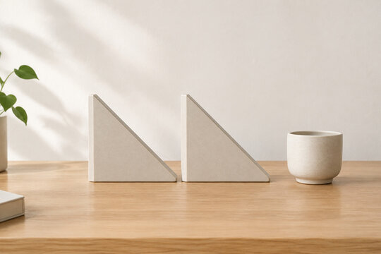 Two identical triangular bookends in row on oak desk with ceramic cup, minimalist desk organization concept