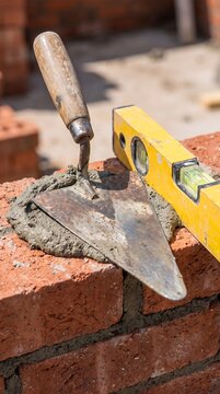 Bricklaying Tools and Masonry Construction: Trowel with Mortar and Yellow Spirit Level on a Red Brick Wall for Professional Building and Renovation Projects