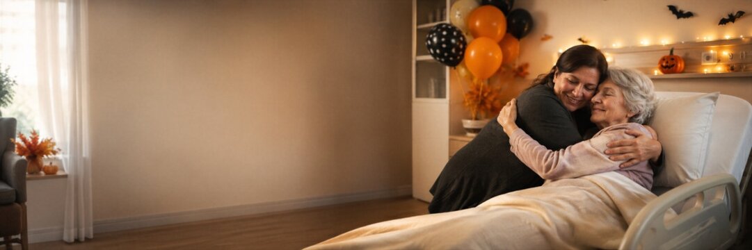 Adult woman embracing an elderly patient in bed in a hospice room decorated for Halloween. Family comfort and compassionate end-of-life care. Seasonal celebration in palliative care.