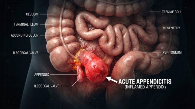 Medical illustration of acute appendicitis and colon anatomy illustration