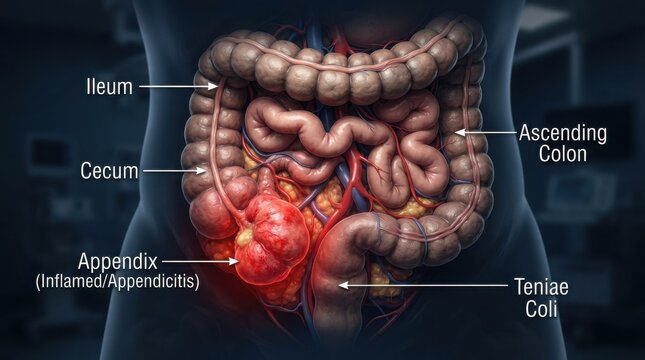 Medical illustration of human appendix with appendicitis illustration