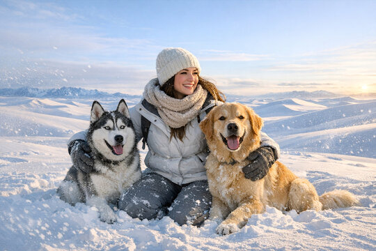 Snowy scene with woman and two dogs