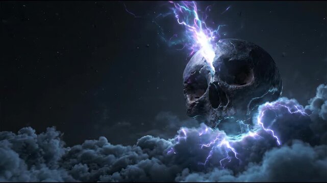 Ethereal electric skull emerging from storm clouds with purple lightning and cosmic energy