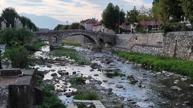 prizren city center with ottoman stone bridge in kosovo video