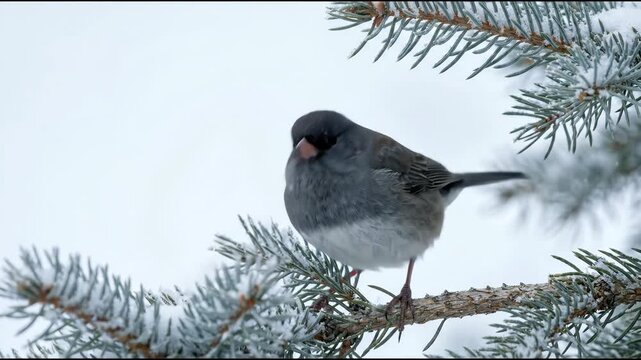 Dark gray junco sparrow on snowy pine branch feeding peacefully in soft winter light