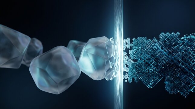 Geometric shapes transforming into a complex digital lattice structure