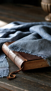 Weathered plain slate blue fabric draped beside an old leather journal soft frayed edges and worn binding on a dark wooden surface subdued directional light maintaining a reflective