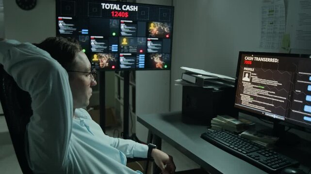 Caucasian young hacker celebrating online financial theft at computer monitors. Perfect for cybercrime documentaries, fintech security advertising, or data protection campaigns