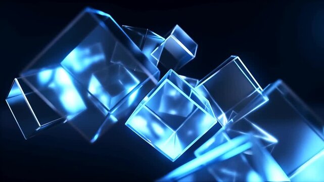 Glowing glass cubes float and rotate in a dark blue abstract digital space. Technology presentations, science media, and digital product promotion.