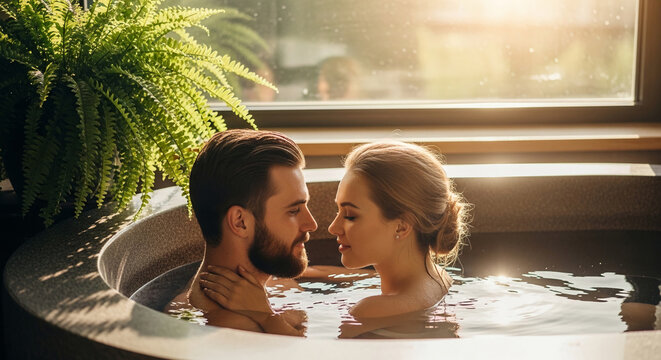 A couple shares an intimate moment in a hot tub, surrounded by lush greenery and soft sunlight, symbolizing romance, relaxation, and intimacy