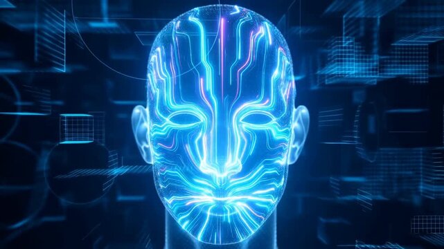 Glowing digital human face pulses with circuit lines in a futuristic interface environment. Technology presentations, artificial intelligence campaigns, and software marketing.