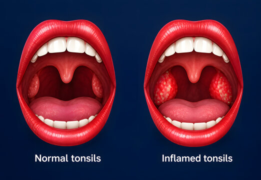 Medical comparison of normal human tonsils versus inflamed tonsils illustration