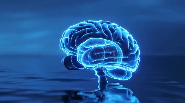Glowing human brain rotates above reflective water with illuminated neural lines. Neuroscience education, medical technology presentations, and healthcare innovation campaigns.
