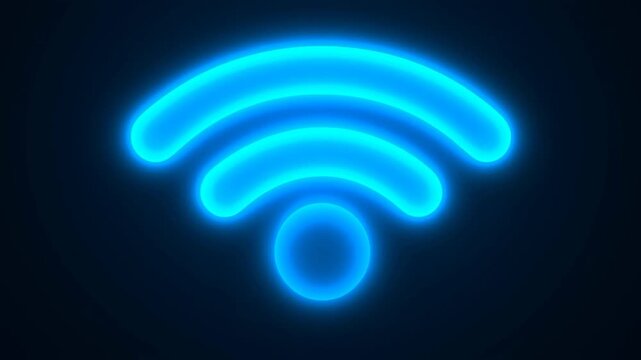 Glowing blue wireless connectivity icon pulses on a dark digital field. Technology presentations, telecommunications advertising, and internet service promotion.