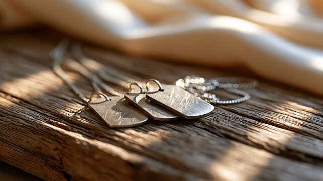 Plain metal identification pendants resting on weathered wood before softly blurred cream fabric a fine chain catching subdued side light and subtle scratches showing age personal history