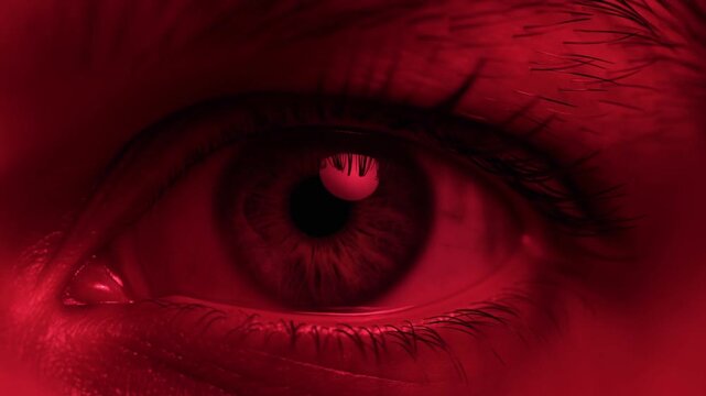 Human eye looking toward the camera in an extreme close-up under dramatic red lighting. Cinematic title sequences, psychology and perception content, and vision education.